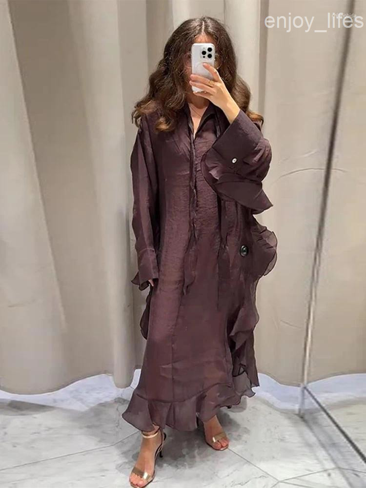 Casual Dresses Fashion Solid Patchwork Ruffle Hem Long Dress For Women Loose Full Sleeve V-neck Maxi Lady 2025 Summer Vacation Vestidos