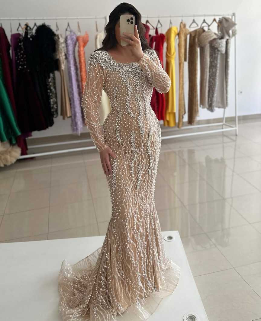 Exquisite Mermaid Evening Dresses For Women Jewel Neck Long Sleeves Gown Crystal Beaded Sweep Train Dress Party Customized Dress