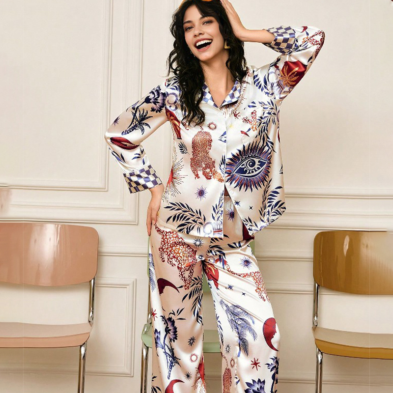 2025 New Women's Spring and Autumn Silk Color-Printed Long-Sleeved Long Pants Pajama Set Homewear