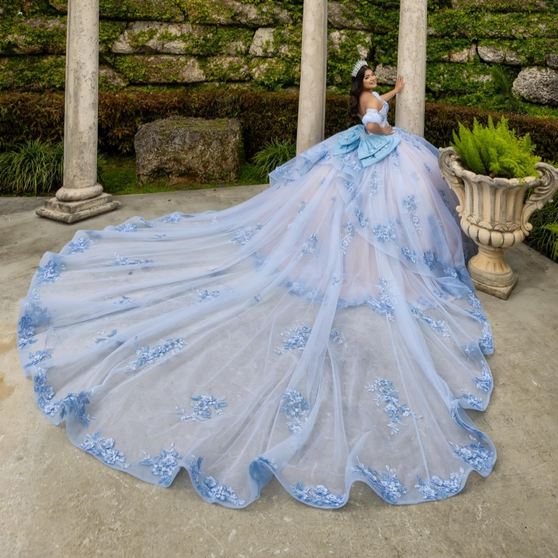 Blue Shiny Quinceanera Dresses Off The Shoulder Applique Lace Beads Bow Champagne Lining Ball Gown Vestidos De 15 Anos Sweet 16 Dress