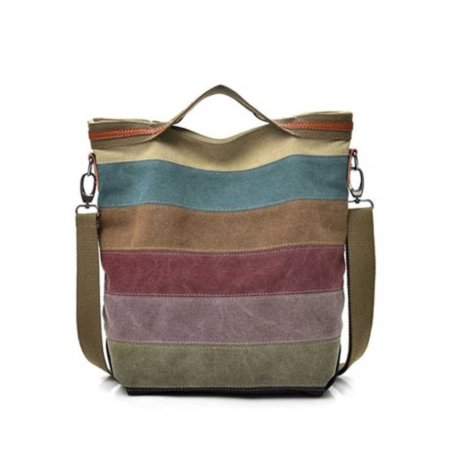 Women Casual Canvas Shoulder Bag Large Capacity Multi Pocket Crossbody Tote Simple Patchwork Rainbow Print Y250730