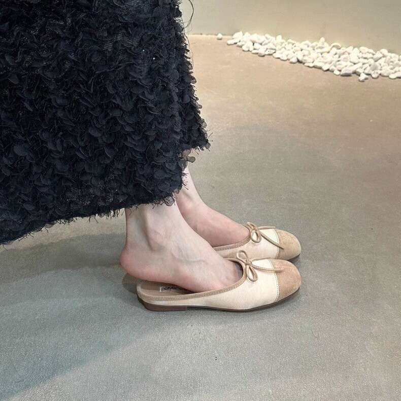 Sheepskin Version ~ Ballet Pointed Toe Half Slippers Summer Flat Outdoor Soft Sole Bowknot Silver French Style Sandals for Women