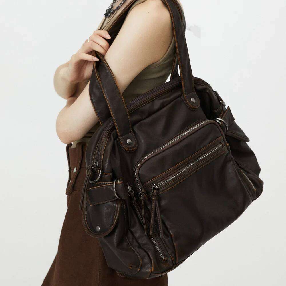 Retro tote motorcycle soft PU leather large capacity shoulder Y2K punk multi pocket crossbody bag