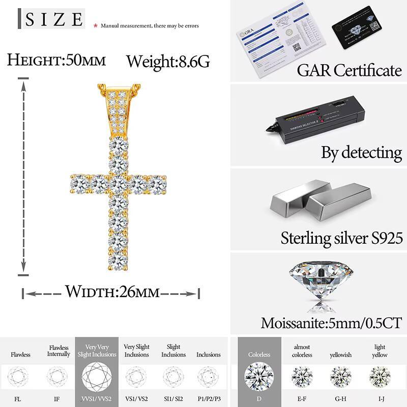 Fine Jewelry 925 Sterling Silver Pass Diamond Tester 5mm VVS Moissanite Classic Cross Pendant Necklace for Men Women