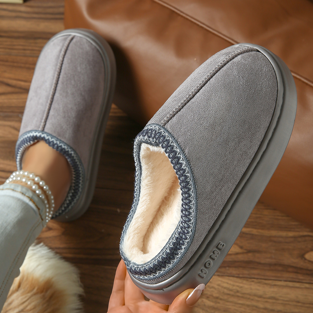 free shipping designer of Jing's new solid-color faux deerskin fleece patchwork home slippers