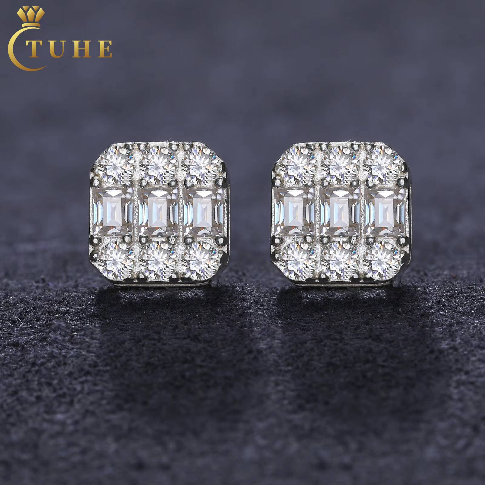 Cheap Price Wholesale Jewelry 925 Sterling Silver VVS Baguette Moissanite Diamond Geometric Stud Earrings for Men Women