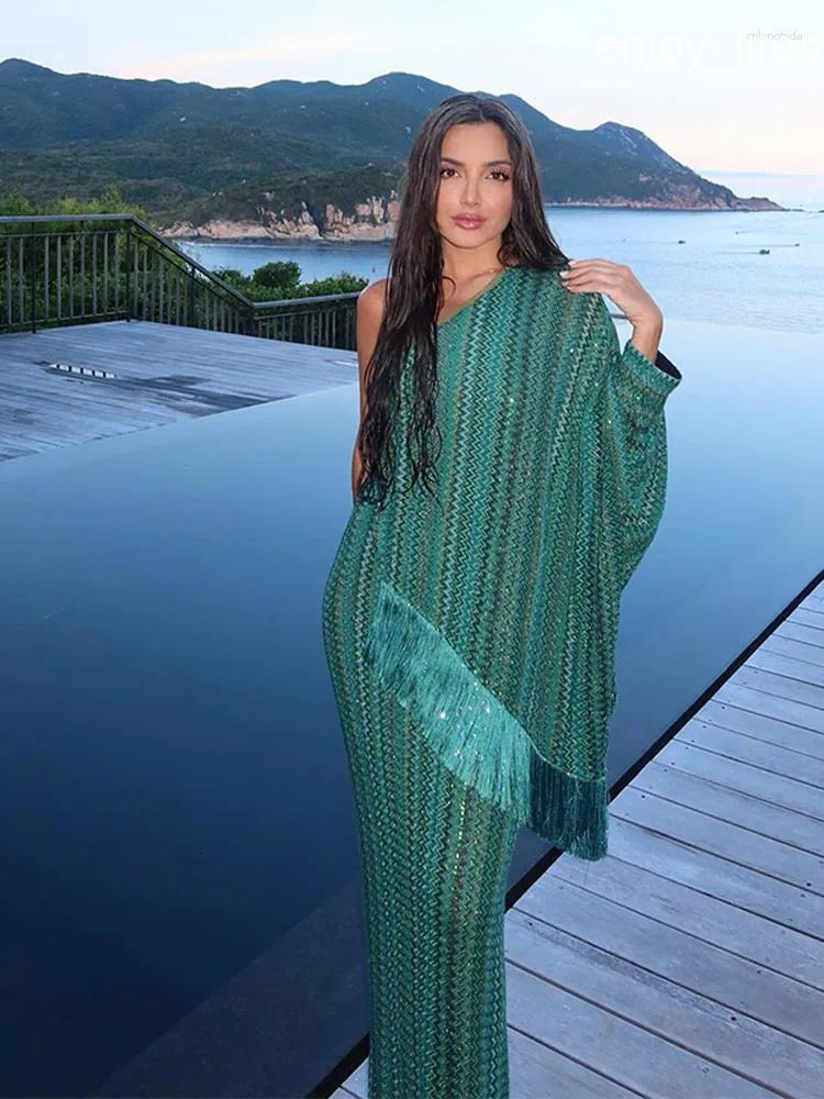 Casual Dresses Elegant Tassel Striped Long Dress Women One-shoulder Scarf Collar Asymmetrical Robe 2025 Summer Fringed Integrated Party