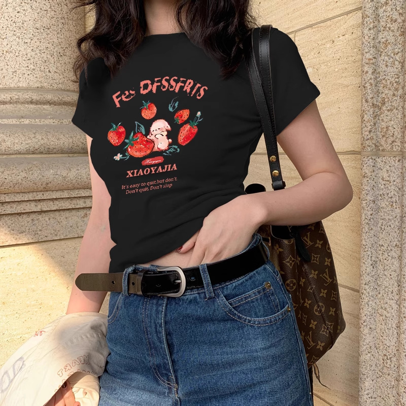 2025 Summer New Retro Style Cartoon Strawberry Rabbit Women's T-shirt Sweet and Spicy Casual Versatile Designer T-shirt Designer Top
