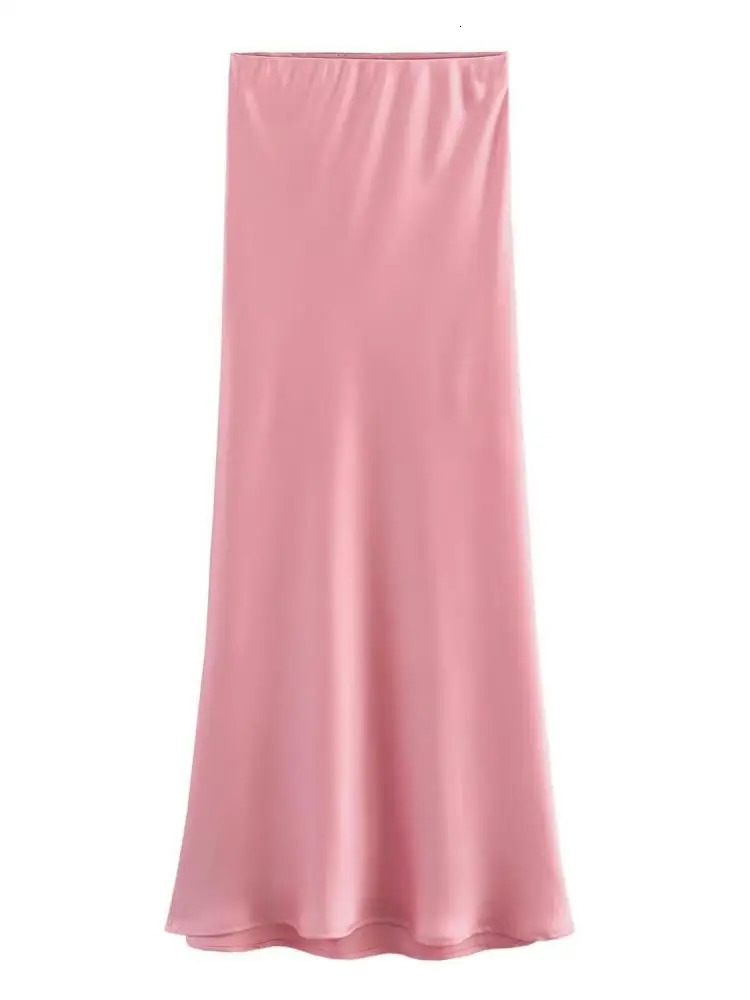 AOSSVIAO Women Fashion Satin Solid Midi Skirt Vintage Mid Elastic Waist Female Chic Lady Skirts 250730