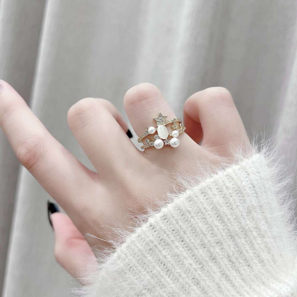 Mangxing Pearl Zircon Double Layer for Women, Elegant and Luxurious High-end Index Finger Ring, Unique Niche Design Ring d5d