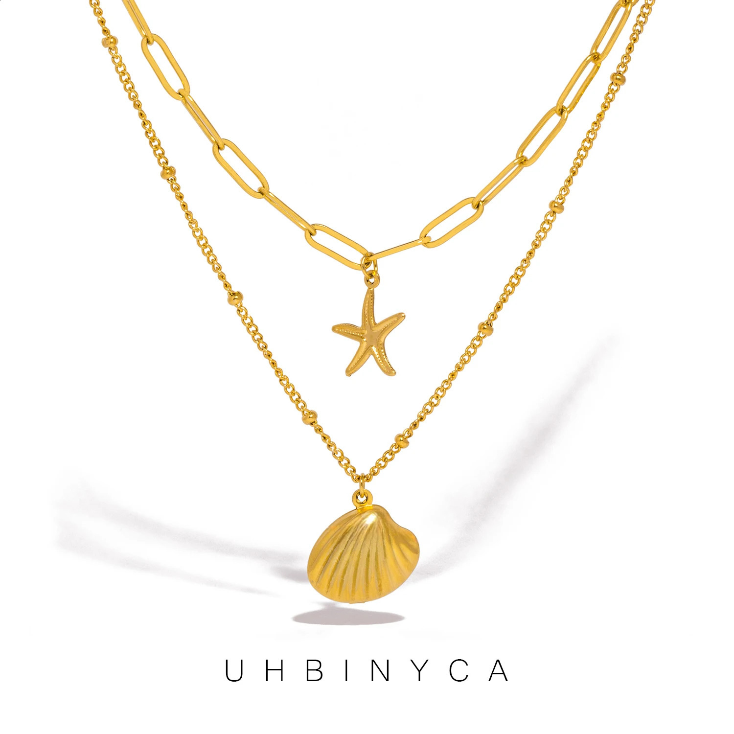 UHBINYCA Double Layered Chain Necklace for Women Summer Beach Seashell Starfish Pendant Stainless Steel Waterproof Jewelry 250716