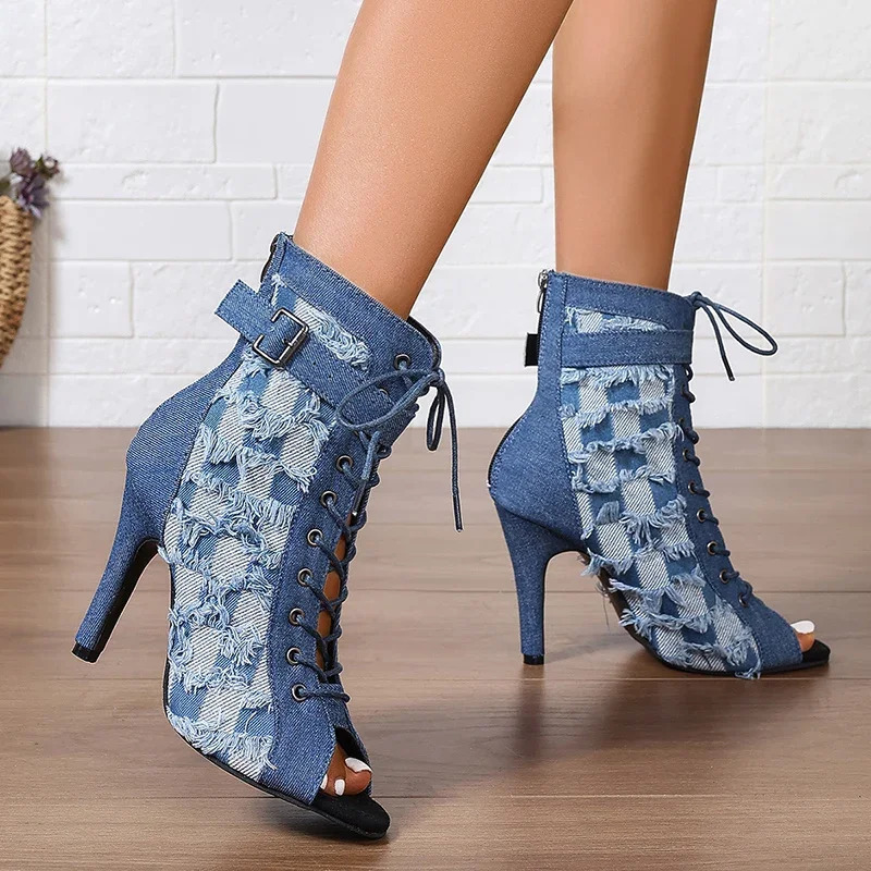 Denim Women Peep Toe Ankle Boots Fashion Elegant Breathable Shoes High Heel Autumn Womens Morder Short Booties 250729