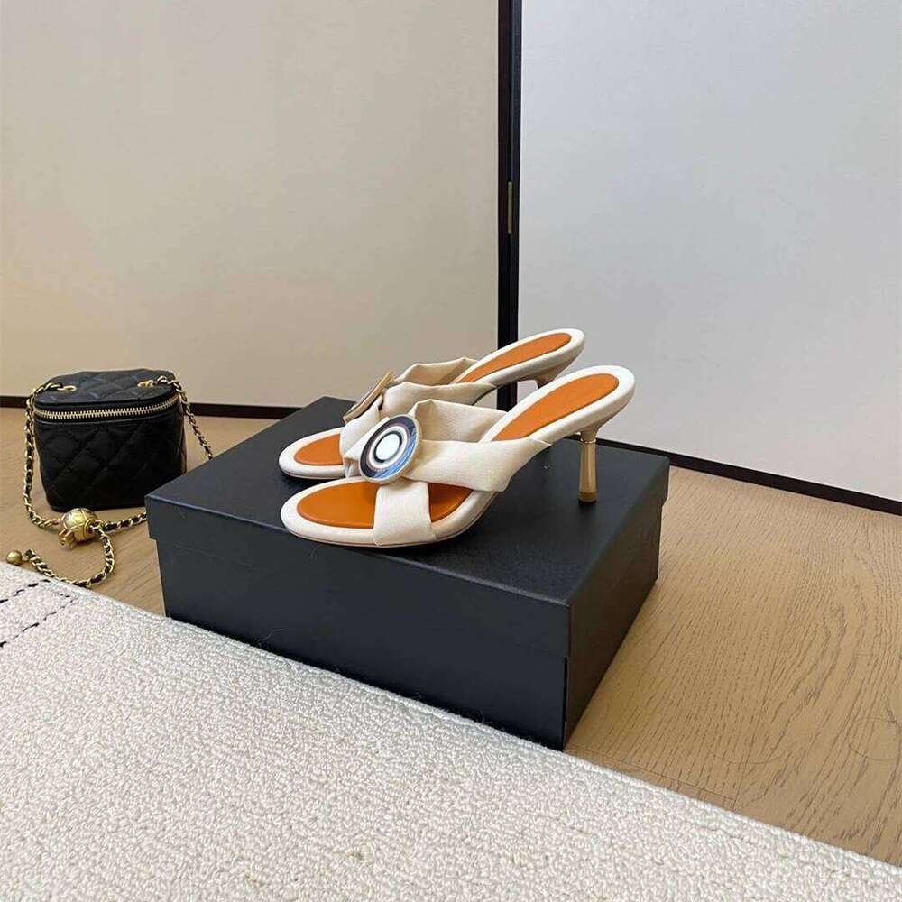 New Women Size34-41 Genuine Leather Slippers High Heels Summer Sides Solid Colors Pumps Designer Shoes Zapatillas De Mujer d76