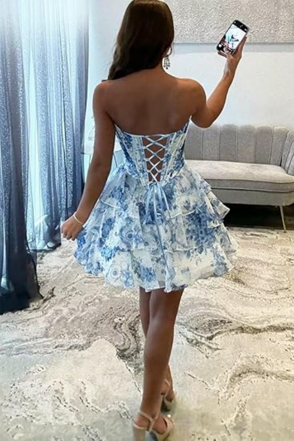 Women Strapless Corset Short Floral Dresses Blue and White Porcelain Print Tiered Ruffles Birthday Party Gowns Graduation Cocktail Runway Dress With l
