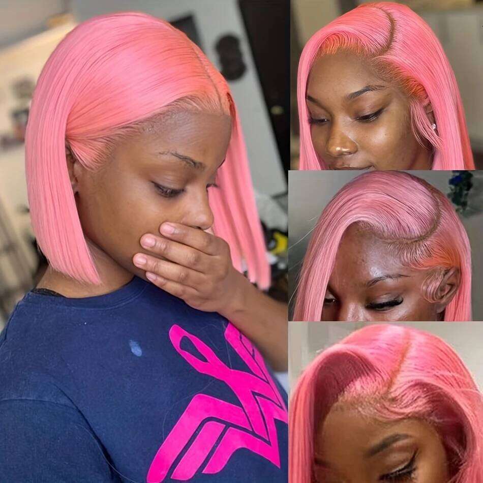 Short Bob HD Transparent Light Pink Synthetic Wig Preplucked Lace Frontal Wigs Brazilian Virgin Human Hair 14 10 Inch