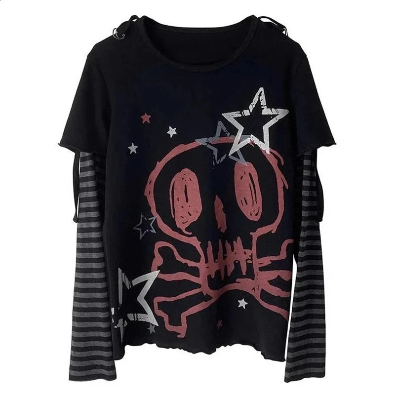 90s Y2K Aesthetic T-shirt Emo Scene Skull Dark Graphic Long Sleeve T Shirt Women Punk Cartoon Harajuku Tee Kawaii Top 250725