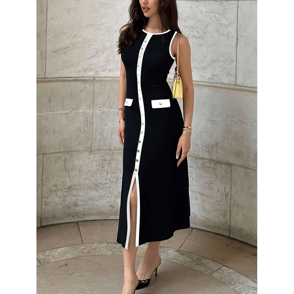 Elegant Women's Knitted Ribbed Long Round Neck Sleeveless Button Slim Fit Dress