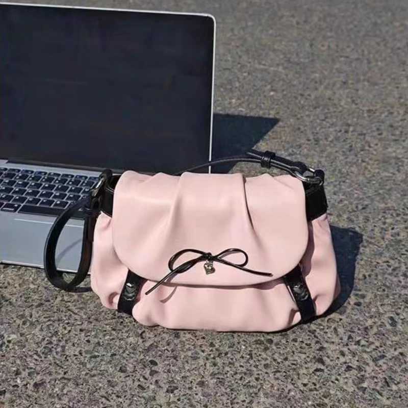 Cute Sweet Bow Womens Shoulder Bags Pleated PU Leather Design Ladies Underarm Bag Contrast Color Commute Female Purse Handbags Y250730