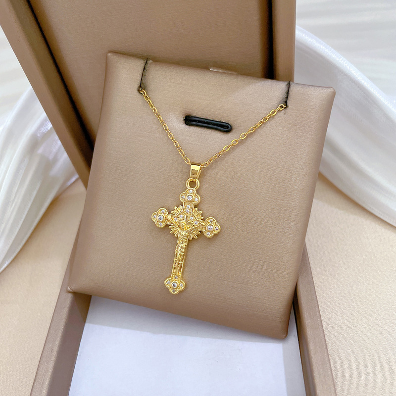 New High-end 316L Stainless Steel Cross Pendant Zircon Diamond Jesus Chain Necklace for Men Women 18K Gold Plated Pendant Street Trendy Jewelry Global
