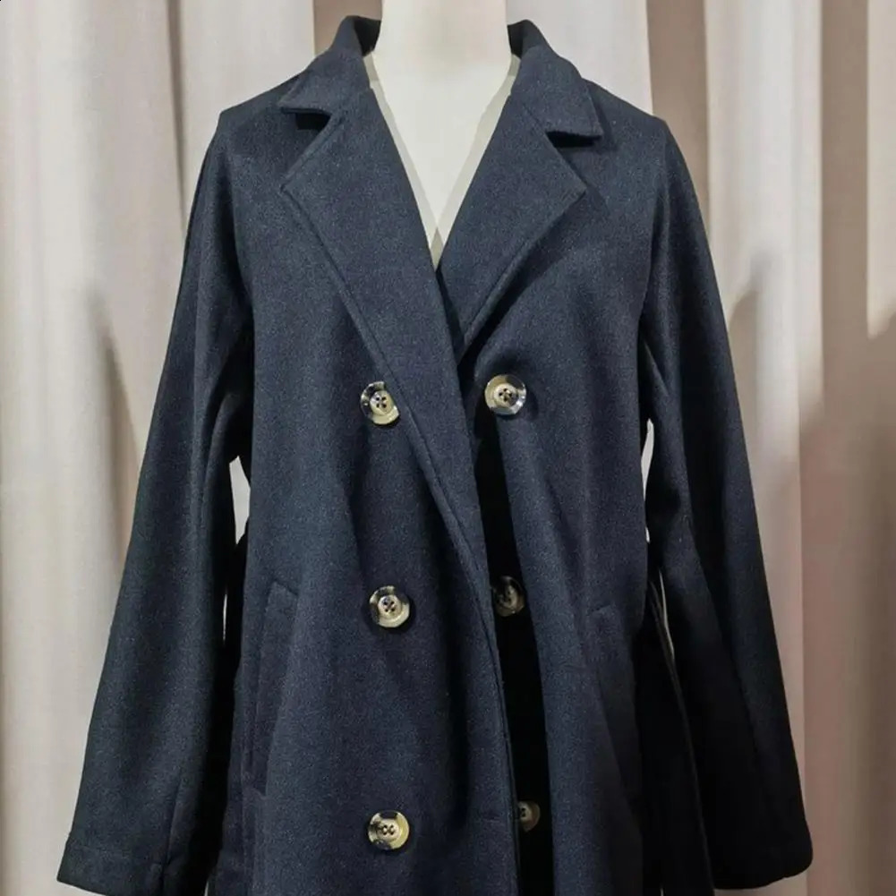 Womens Double Breasted Trench Coat Mid Length Wool Long Sleeve Notched Lapel Overcoat with Belt Fall Winter Outerwear 250730
