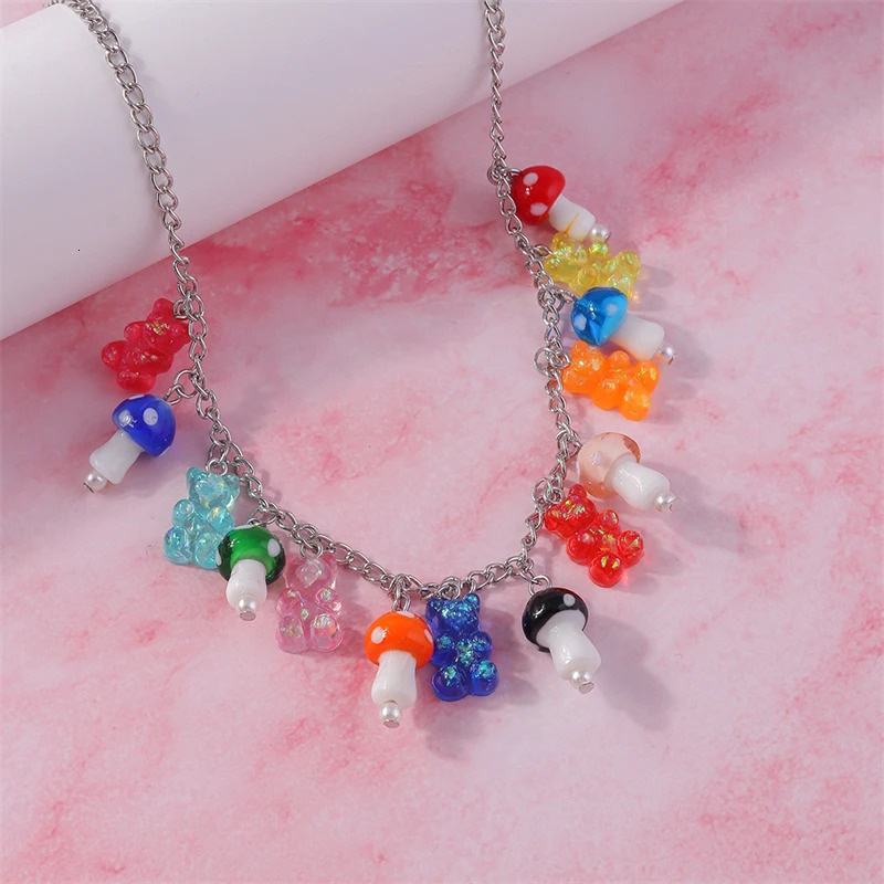 Fashion Mushroom Necklace Cartoon Candy Color Resin Animal Bear Pendant Necklace for Women Girl Party Jewelry Gifts 250729