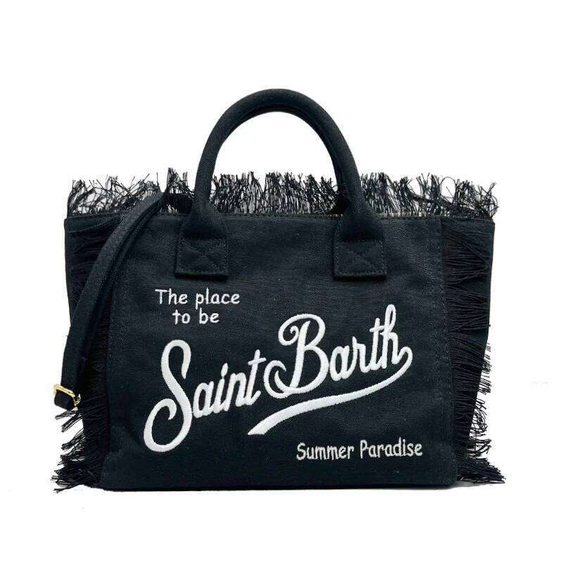 Saint Barth2025 European And American New Handbag Beach Casual Tassel Large Capacity Canvas Black Small Tote Bag For Women