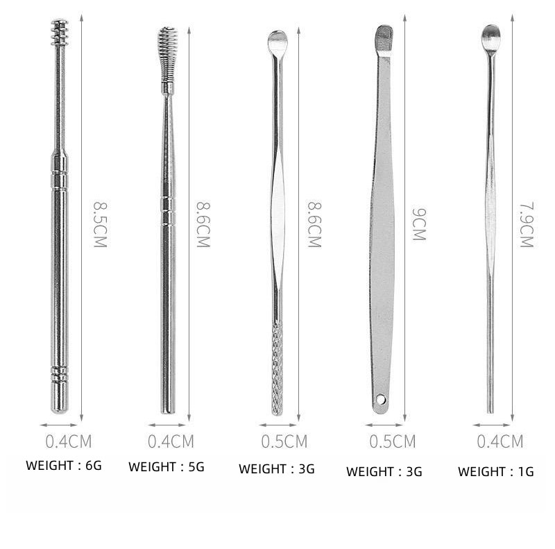 Durable Stainless Steel Ear Scoop Set with Rubber Box - Includes Seven Pieces & Smooth Edges