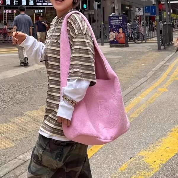 New Trendy Fashion Versatile Pink Terry Cloth Concave Design Niche Single Shoulder Bag