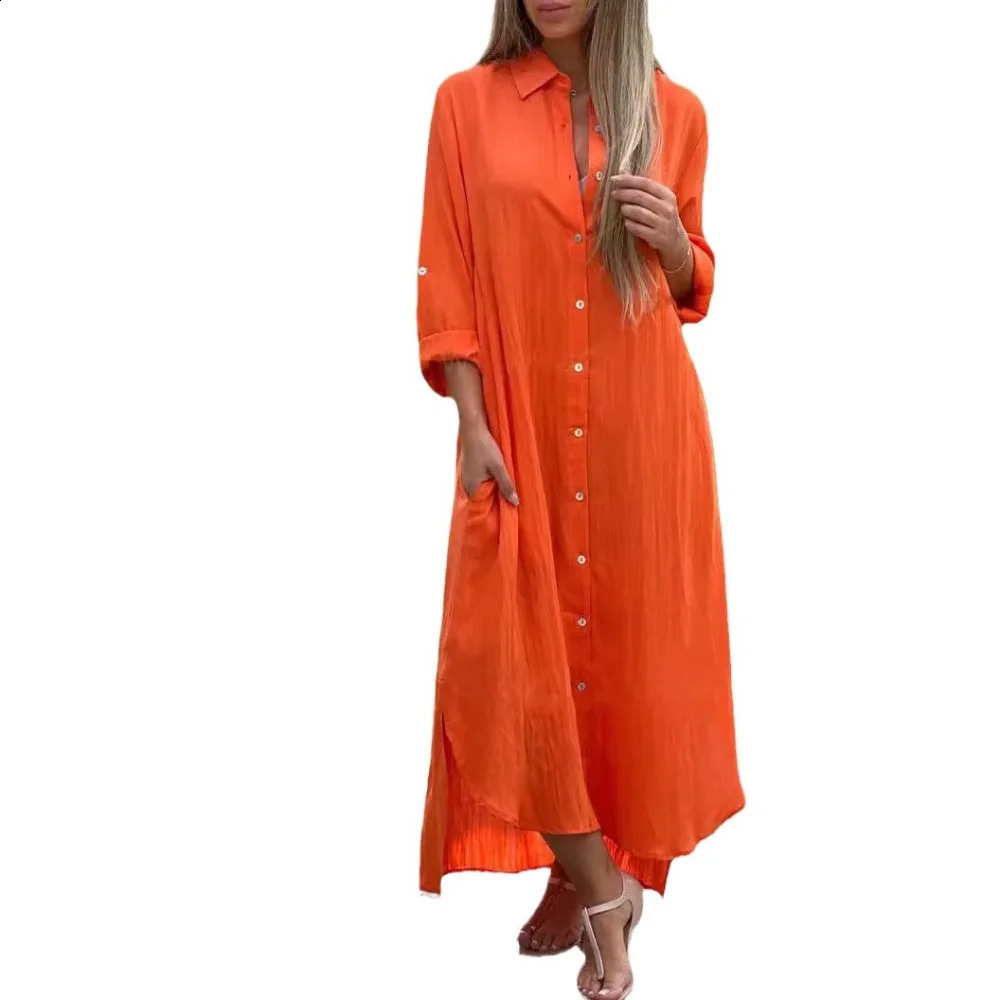 Womens Dress Cotton Linen Shirt Long Skirt Fashion Casual Long Sleeve Cardigan Dress 250725
