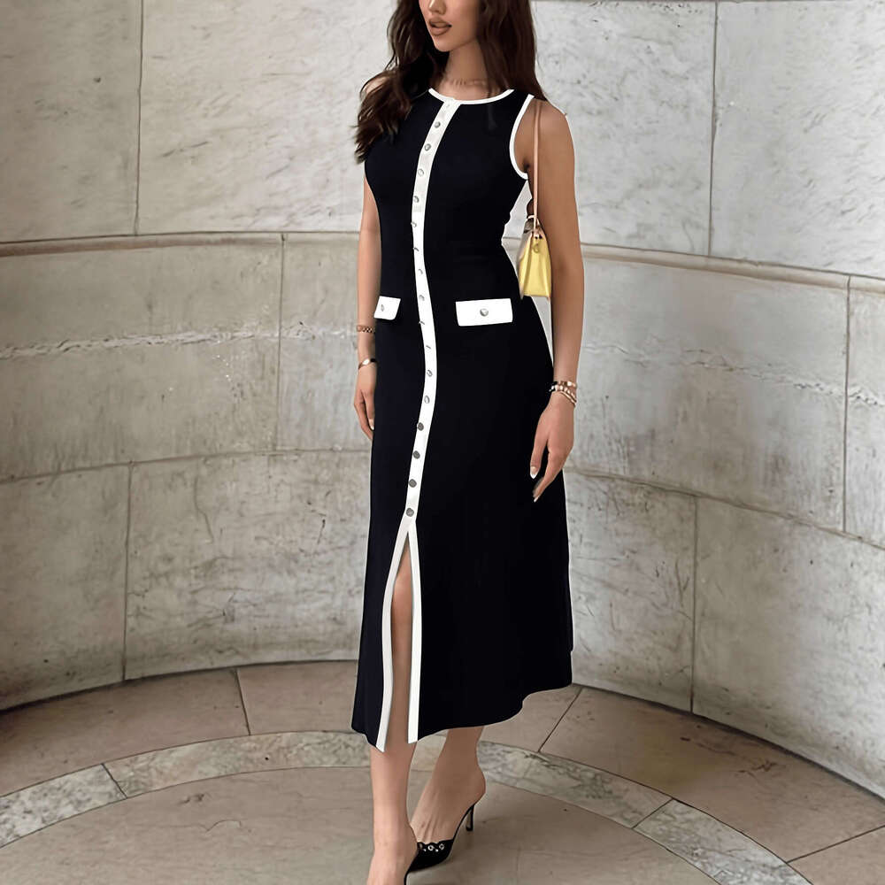 Elegant Women's Knitted Ribbed Long Round Neck Sleeveless Button Slim Fit Dress