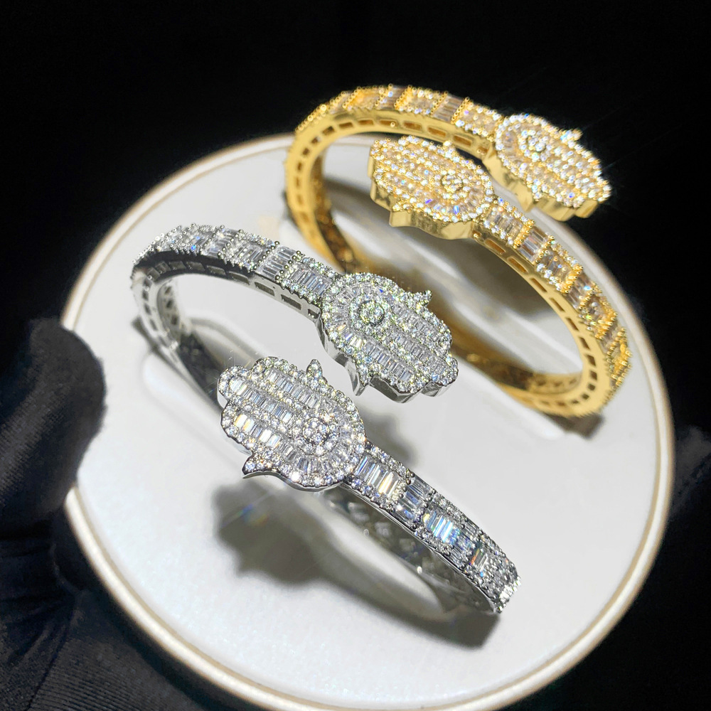 New Foreign Trade Open Madam Bracelet Inlaid With Zircon Palm Hamsa Shape Unisex Hip Hop Bracelet Designer Bracelet Jewelry In Stock
