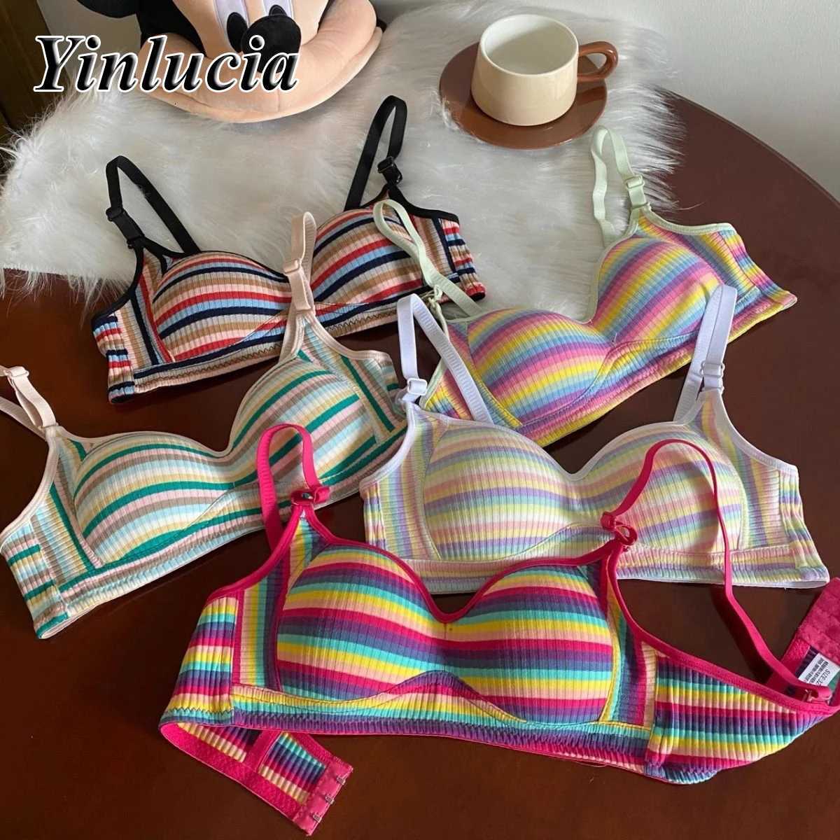 Vintage Lingerie Rainbow Stripes Bra Gathered Crop Top Underwear Push Up Bras New Summer Daily Soft Elastic Underwear Women Z250730