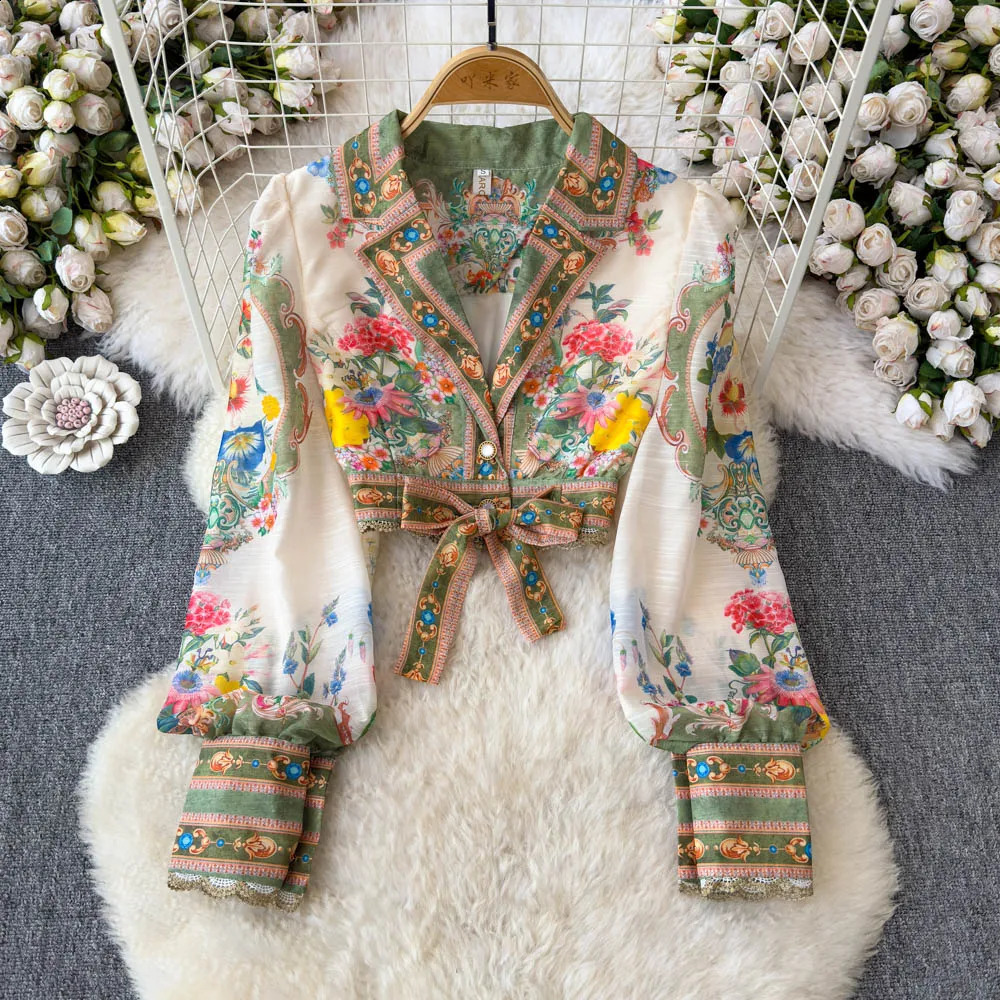 2025 Spring French Style Elegant Dress Two Piece Sets Notched Collar Long Sleeve Top High Waist A-line Skirts Vintage Print Suit 250728