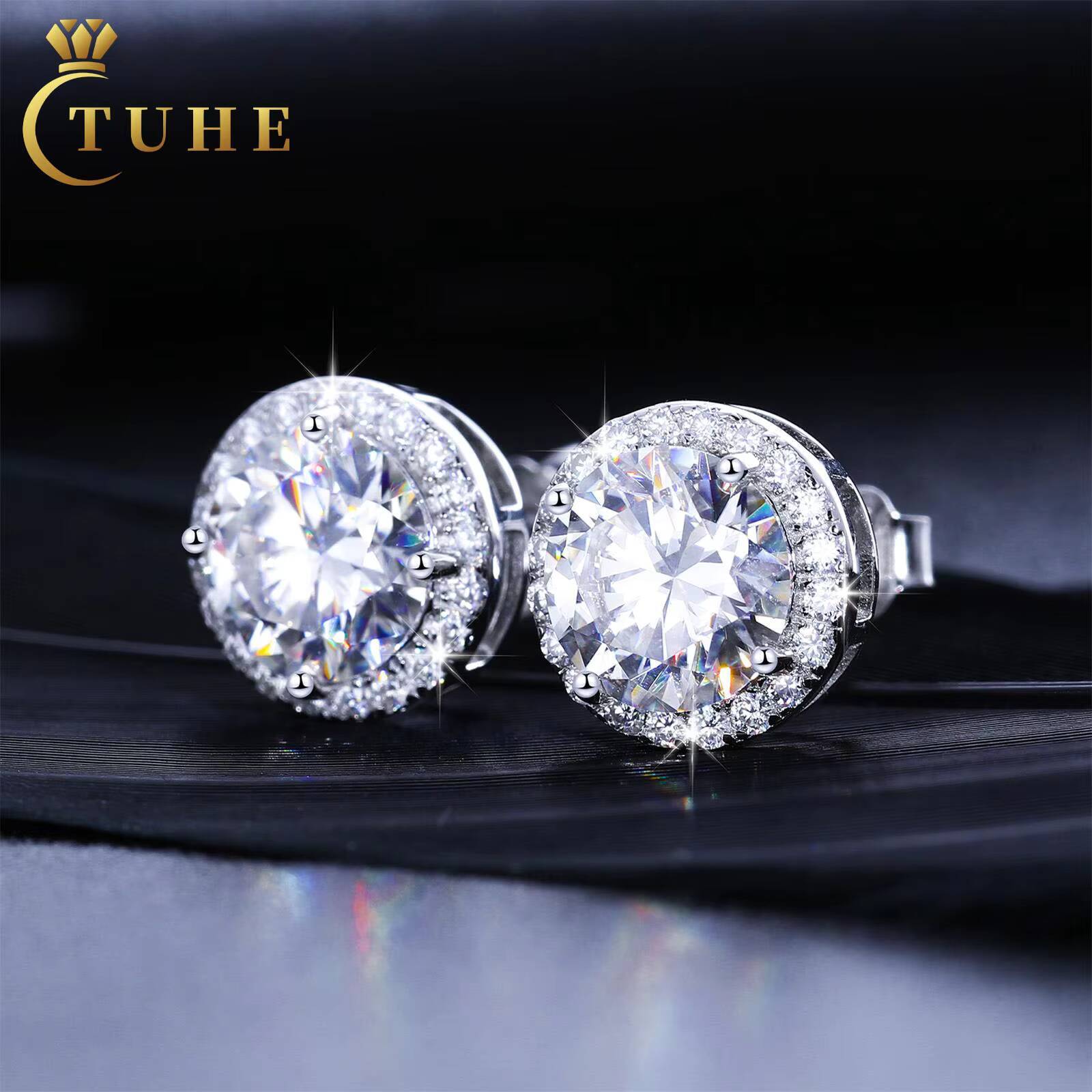 Pass Diamond Tester Fashion 5mm-8mm White Gold 925 Sterling Silver VVS Moissanite Diamond Push Back Halo Stud Earrings Men Women