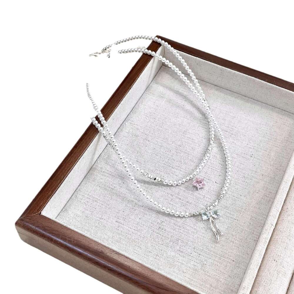 French Style Sweet Temperament Bowknot Zircon Pearl Necklace for Women Light Fresh Fashion Versatile Collarbone Chain f56