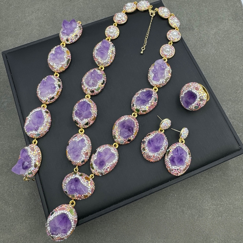 Luxury 3 in 1 Rough Natural Amethyst Crystal Set for Women Personalized Raw Stone Necklace Earrings Rings Quartz Jewelry Party Gifts