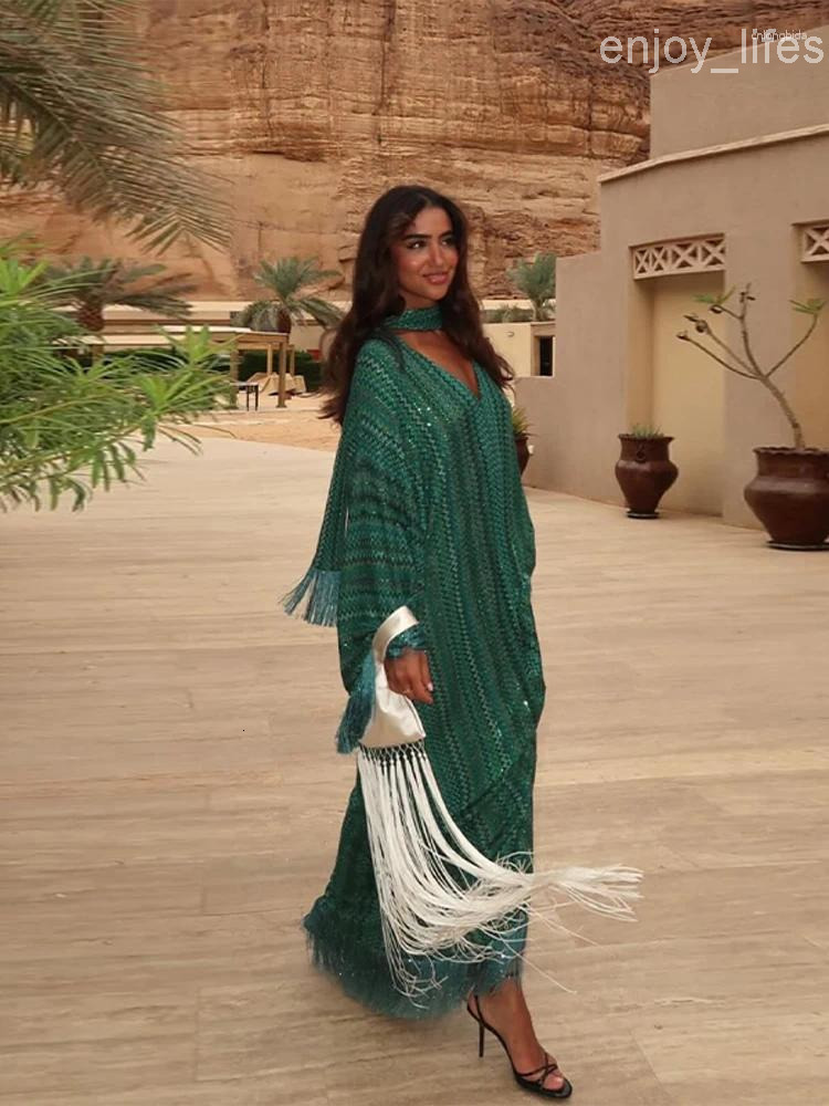 Casual Dresses Elegant Tassel Striped Long Dress Women One-shoulder Scarf Collar Asymmetrical Robe 2025 Summer Fringed Integrated Party