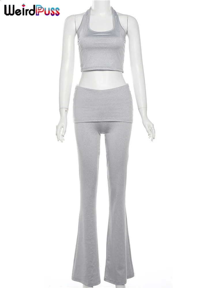 Weird Puss Casual 2piece Set Women Simple Stretch Solid Elegant Sporty Halter CamisoleFlare Pants Matching Streetwear Outfits 250724