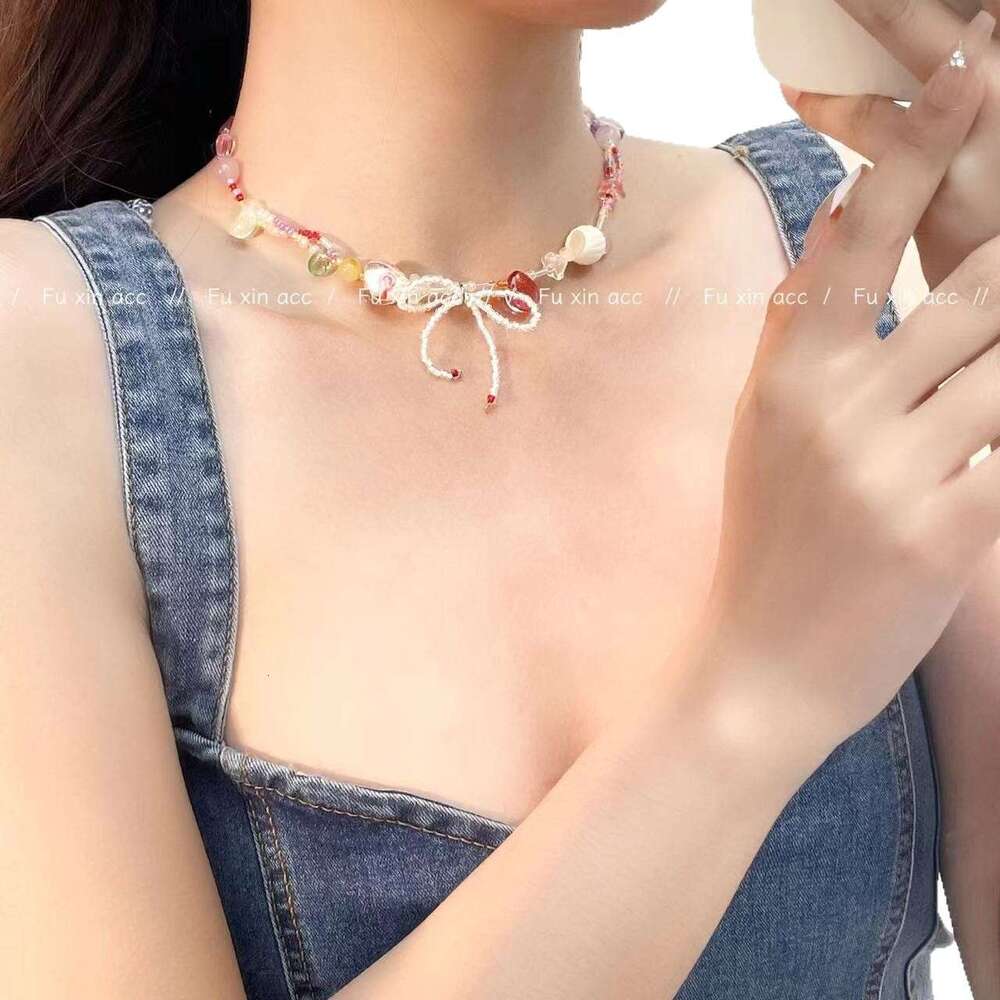 Dopamine Colorful Beaded Necklace Niche Design Sweet White Rice Beads Collarbone Chain Energetic Girl Essential Choker c14