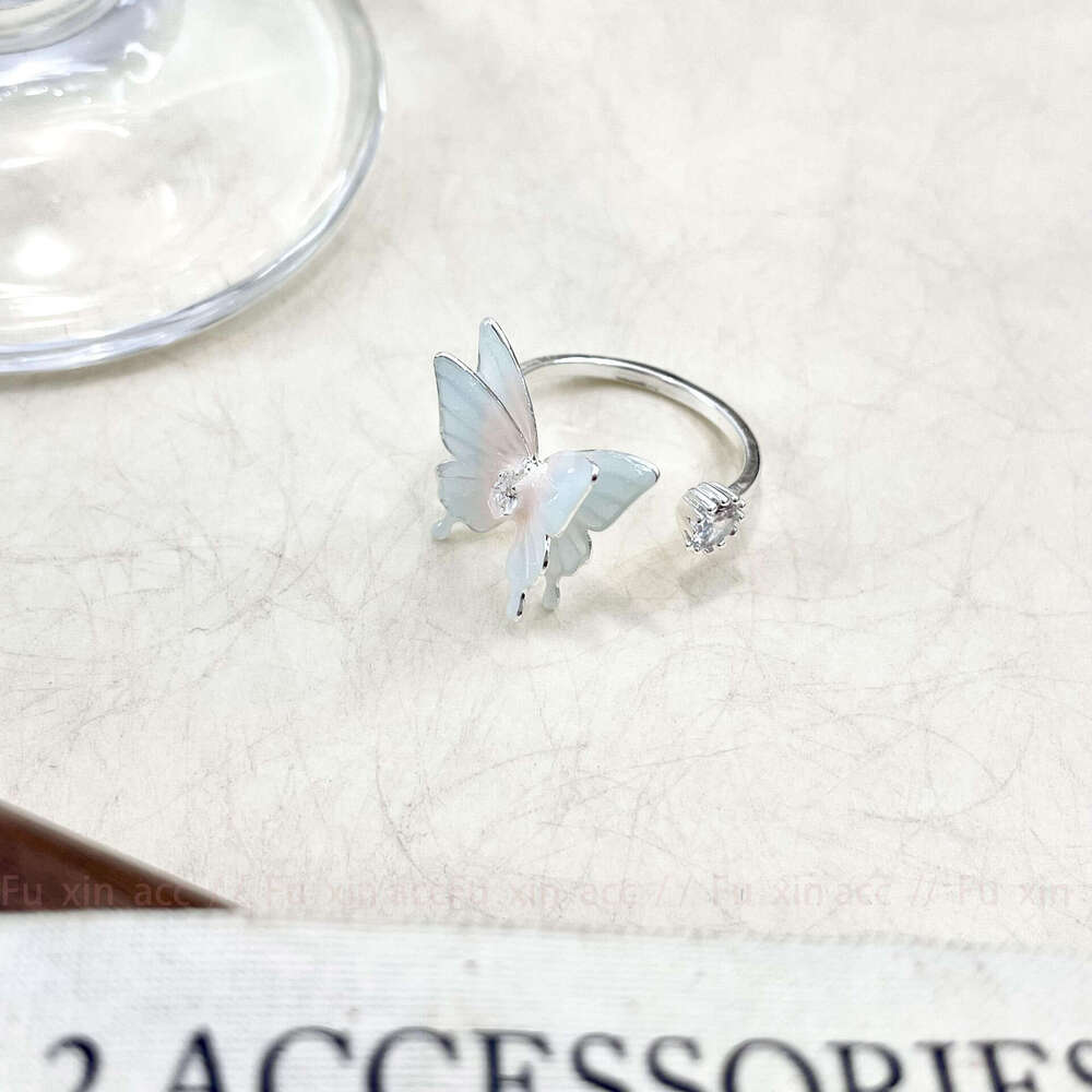 Korean Style Fresh Sweet Gradient Pink Blue Double Layer Open Butterfly for Women Light Luxury Niche Design High-end Sense Ring 69a
