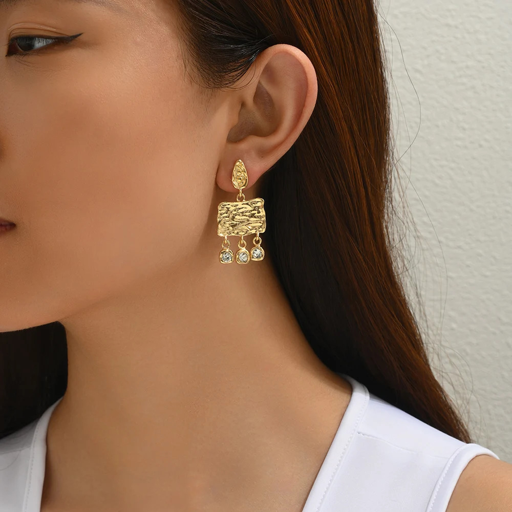 INS Gold Plated Metal Geometric Square Drop Earring Women Stainless Steel Irregular Rhinestone Pendant Punk Ear Jewelry 250730