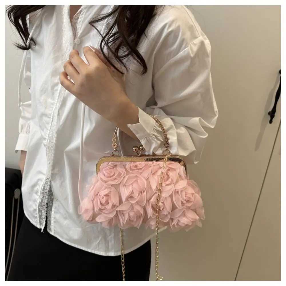 Polyester Fiber Evening Bags Chiffon 3D Flower Banquet Bag Chain Clutch Handbag Women Y250730