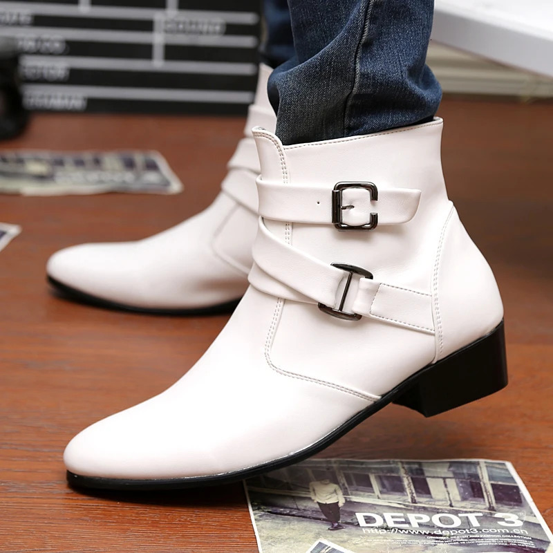 Chelsea Boots Men Pointed -toe Mens White Boots Black British Style High-heel Men Dress Boots n Ankle Boot 250729