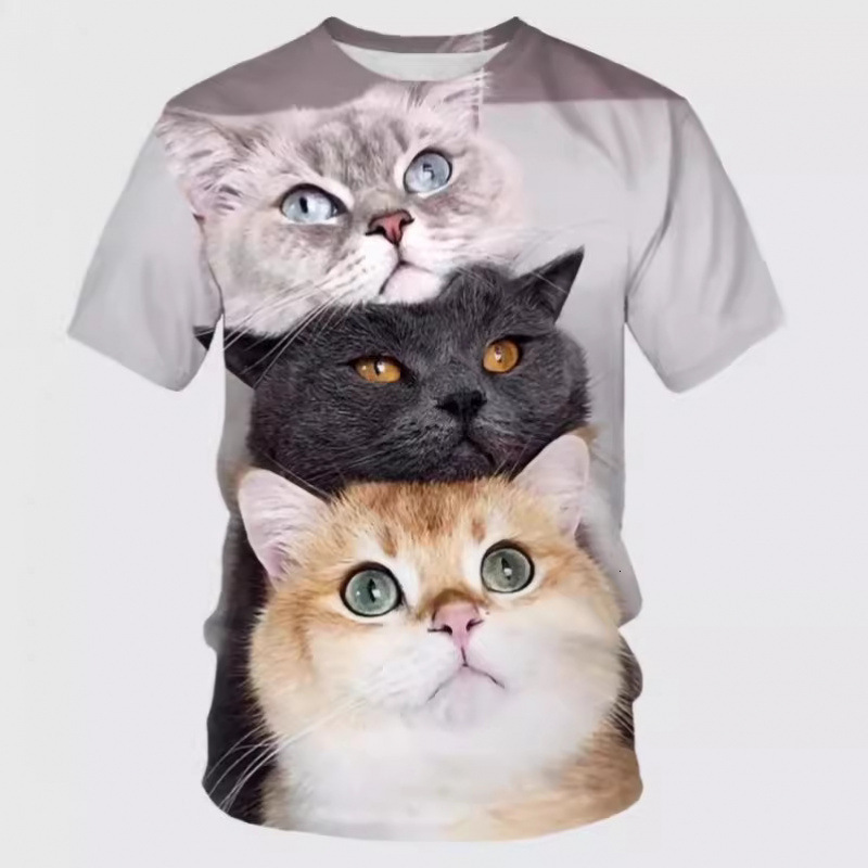 2025 Europe and America Hot selling Women's S Round Neck D Cartoon Cat Digital Printed Short Sleeve New T-shirt New Designer T-shirt