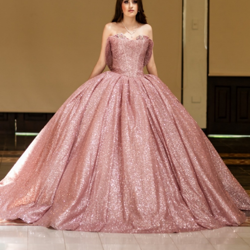 Pink Shiny Quinceanera Dresses Off The Shoulder Beading Crystal Tull Corset Ball Gown Vestidos De 15 Anos Sweet 16 Dress