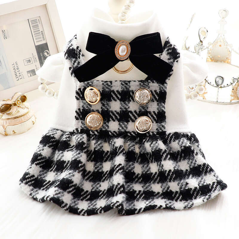 Clothes Autumn Winter Outfit Cat Princess Dress Heart Little Chanel Style Black White Leash Small Dog Teddy Pet 5283