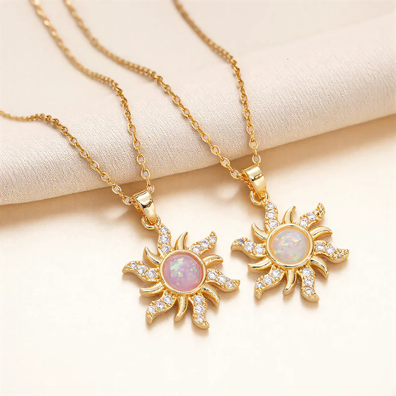 Pink Resin White Opal Sun Flower Pendant Necklaces For Women Vintage Gold Color Stainless Steel Chains Jewelry Mothers Day Gift 250729