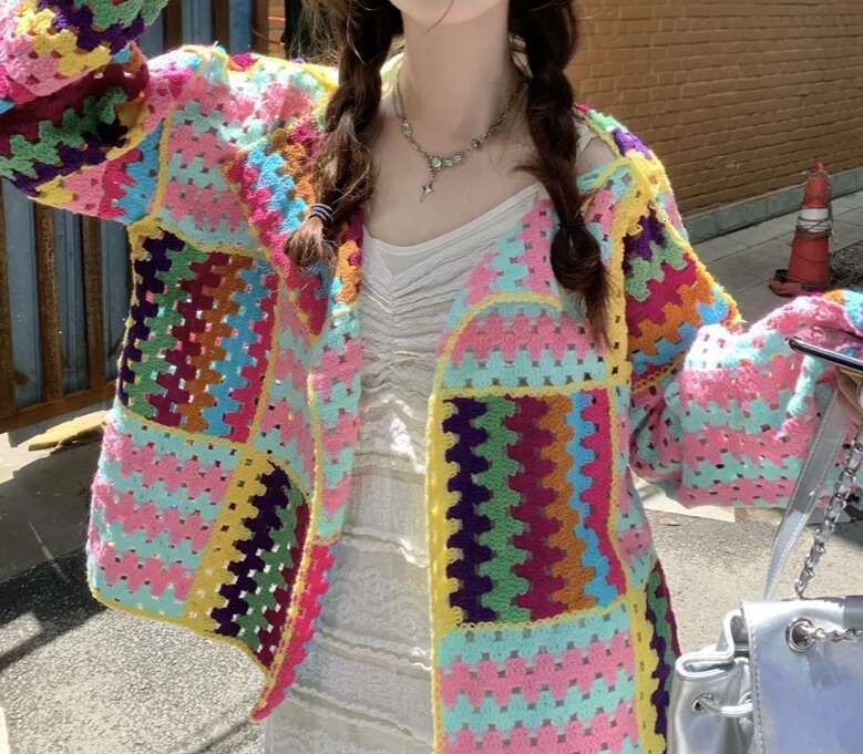 Designer Clothing 2025 SALIENCY Colorful Crochet Knit Hollow Cardigan Sweater Jacket Women Spring Top Loose Short Knitwear