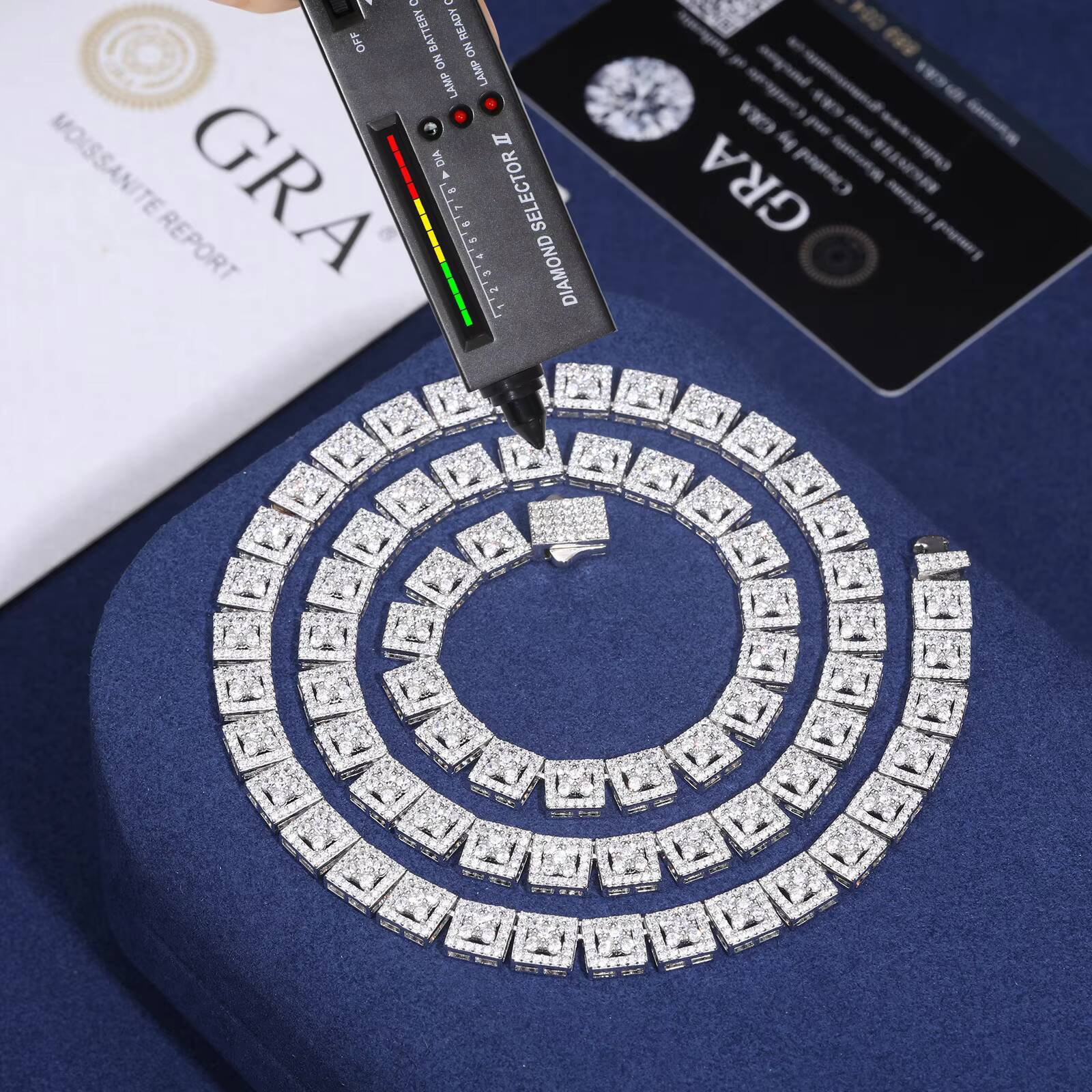 Fine Jewelry 8mm 925 Sterling Silver VVS Moissanite Gold Plated Four Leaf Clover Square Geometric Link Chain Necklace