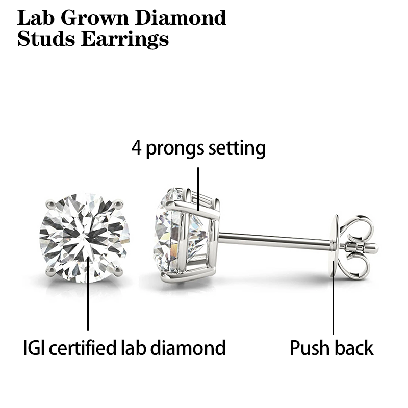 Customized Hot Sale Style 18k Solid Gold 0.5ct 1ct 2ct Lab Grown Diamond Gold Stud Earrings Women Fine Jewelry Earrings